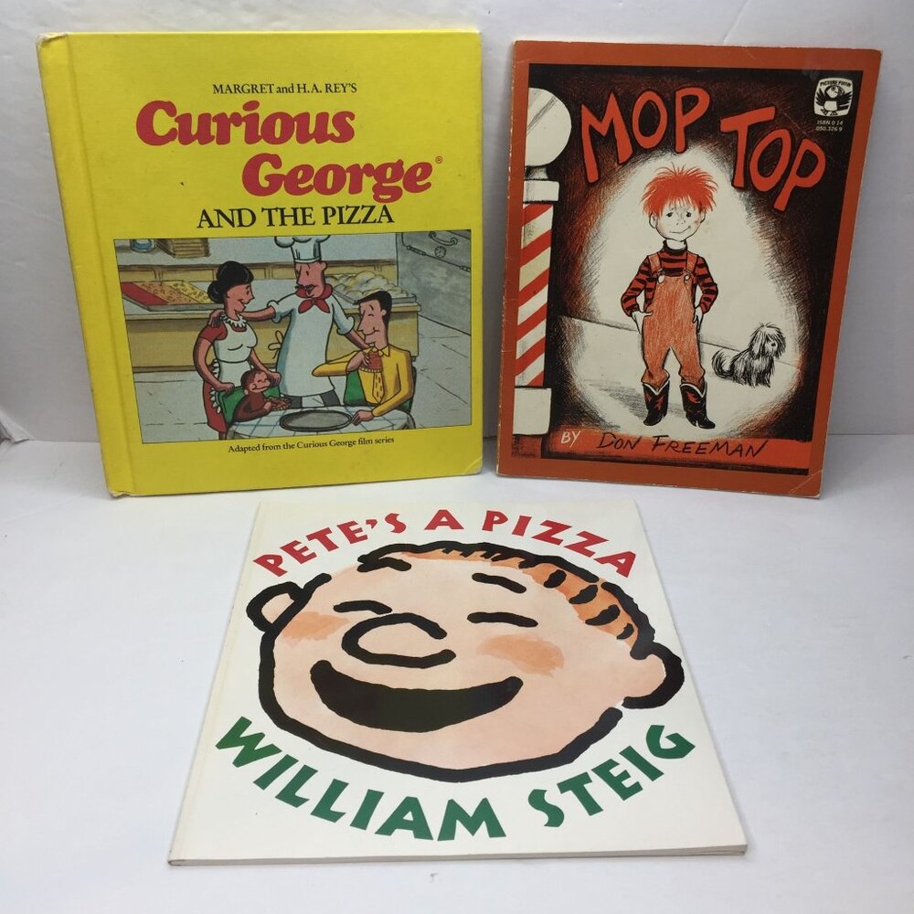 Vintage Lot 3 Kids Picture Books Curious George Pete's A Pizza Mop Top Haircut